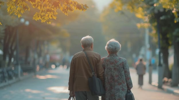 An older couple walking down a street with their bags