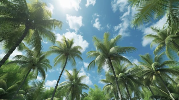 A group of palm trees are seen in the sky