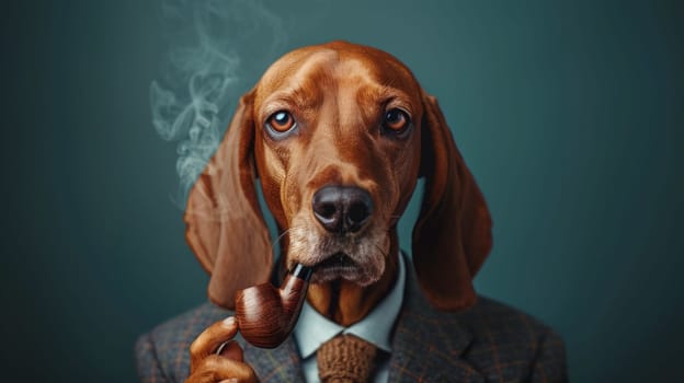 A dog wearing a suit and smoking a pipe