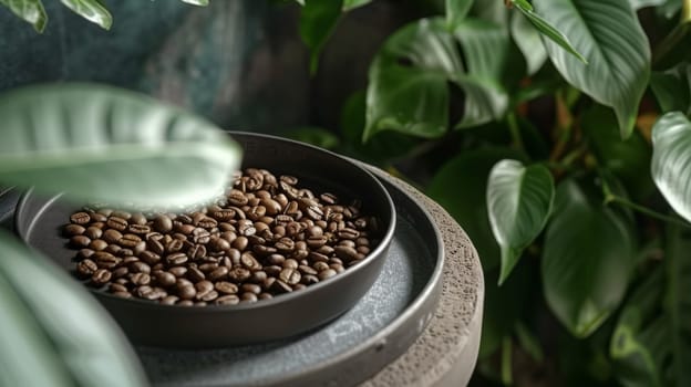 A bowl of coffee beans on a table next to plants