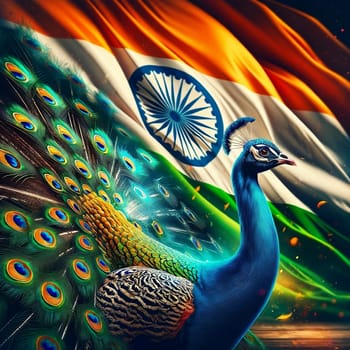 National Bird of India, The Indian peacock, stands in front of an Indian flag. High quality photo