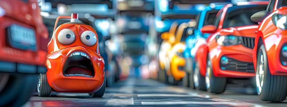 Animated Orange Car Character in a Busy Parking Lot.