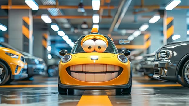 Happy Yellow Cartoon Car in Indoor Parking.