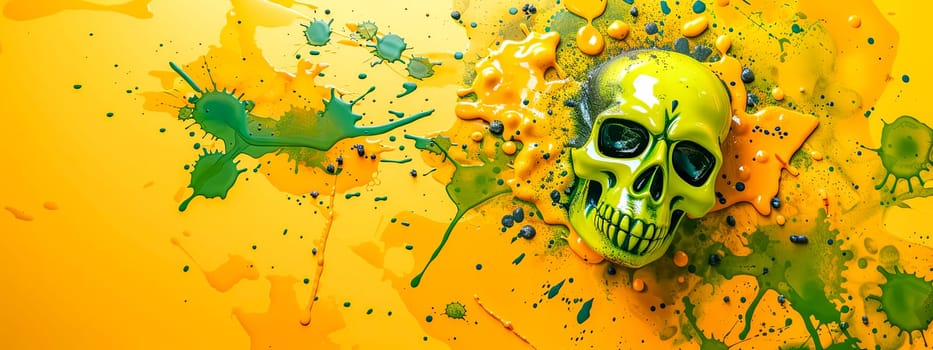 Neon Green Skull Splashed with Vivid Yellow Paint, copy space