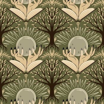 Hand drawn seamless pattern of witch forest tree with crystal ball books witchcraft hands. Green brown nature stars branches wood woodland, dark occult mystic boho print, dark academia