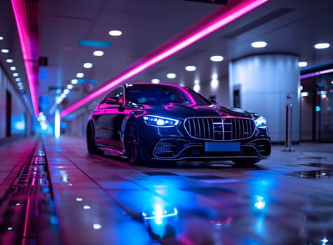 A vehicle is parked in a tunnel with automotive lighting, casting a neon glow on its hood, grille, and wheels. The car showcases stylish automotive design under the vibrant lights