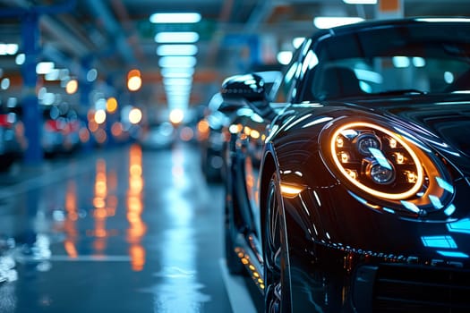 A sleek black vehicle is parked in a dimly lit parking garage at night, showcasing its stylish automotive design and powerful headlamps