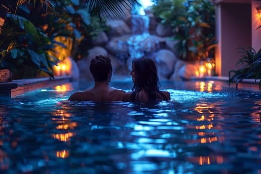 A man and a woman are enjoying a leisurely evening in an azure swimming pool, surrounded by electric blue water and lush green plants