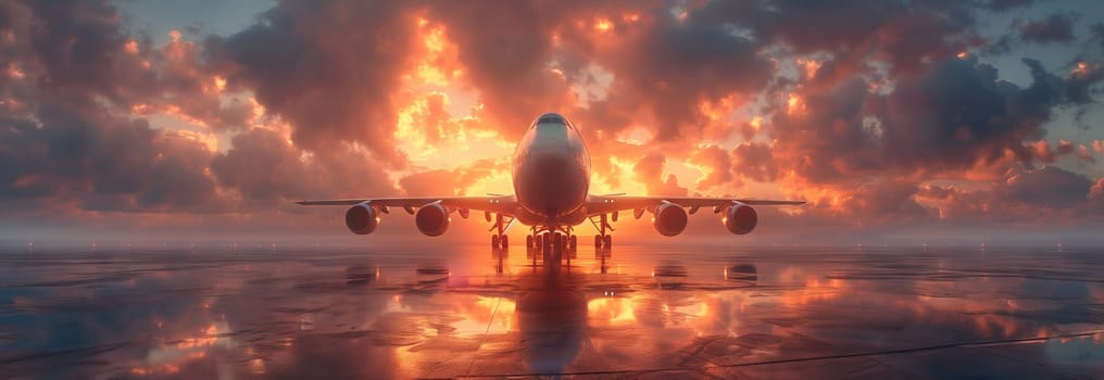 A plane flies through a sky filled with cumulus clouds, its flames casting a fiery glow on the cloudy landscape below. The horizon is a mix of water and heat, creating a dramatic event in the sky