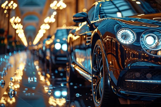 A line of vehicles are parked on a rainy urban road at night, displaying their sleek automotive design and glowing automotive lighting