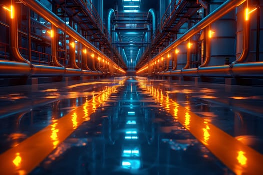 A city bridge with symmetrical automotive lighting is beautifully reflected in the electric blue water, showcasing the metropoliss engineering marvel and the magic of electricity