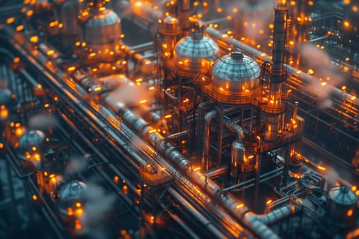 A birdseye view of a sprawling industrial plant with towering pipes emitting smoke, showcasing the blend of urban design and engineering in the city landscape