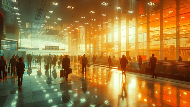 Ambers of sunlight bounce off the flooring as a crowd of people leisurely walks through the airport terminal at sunset, reflecting the beauty of the city skyline on the horizon