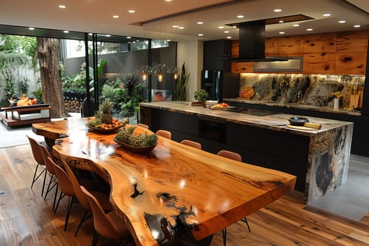 A beautiful kitchen in a house with hardwood flooring, featuring a large wooden table and chairs. The interior design is enhanced by a potted plant