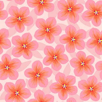 Hand drawn seamless pattern with floral flowers. Peach fuzz apricot orange ornament, simple retro pastel garden print with vintage ditsy elements. Color of the year design, trendy fabric background.