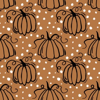 seamless hand drawn pattern on orange brown beige polka dot background ripe organic pumpkin squashes. For halloween thanksgiving design paper textile harvest celebration fall autumn season