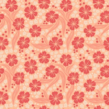 Hand drawn seamless pattern with floral flowers. Peach fuzz apricot orange ornament, simple retro pastel garden print with vintage ditsy elements. Color of the year design, trendy fabric background.