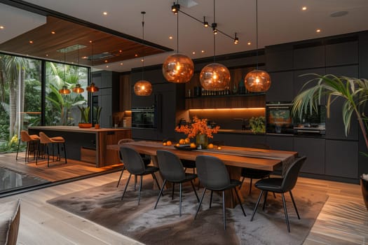 A dining room with a long hardwood table and chairs, next to a kitchen. The room features wood flooring, ceiling, and potted plants for decor