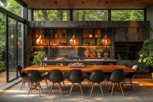 A set of chairs and a table made of hardwood are placed in the center of the room, surrounded by other furniture and a potted plant