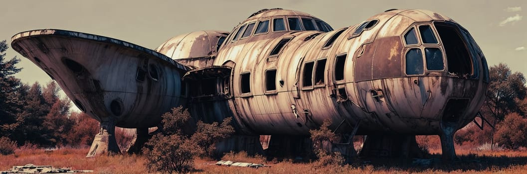 An abandoned spaceship on an alien planet, rusted metal, broken windows, overgrown vegetation reclaim the vessel. A scene of desolation and nature's triumph. Generative AI.