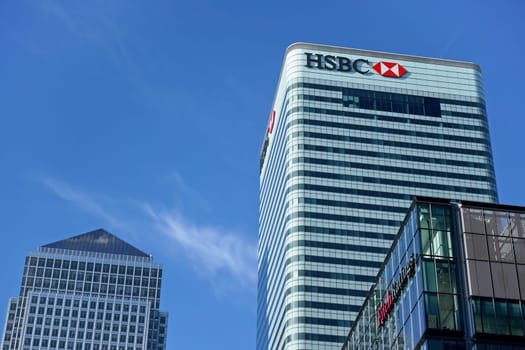 London, United Kingdom - February 03, 2019: Sun shines on world Headquarters of HSBC Holdings plc at 8 Canada Square, Canary Wharf. It's 7th largest bank worldwide and was established in 1865