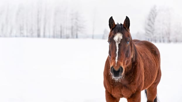 Dark brown horse walks on snow covered field, detail at head from front