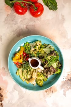 Salad Bowl. Assortment of fresh vegetables, colorful salad, and zesty dressing on a plate. Encouraging a balanced and nutritious diet.