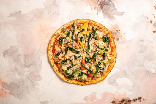 Vegetarian pizza with mushrooms, bell peppers, broccoli, and red onions on white background. Thin crust topped with fresh veggies.