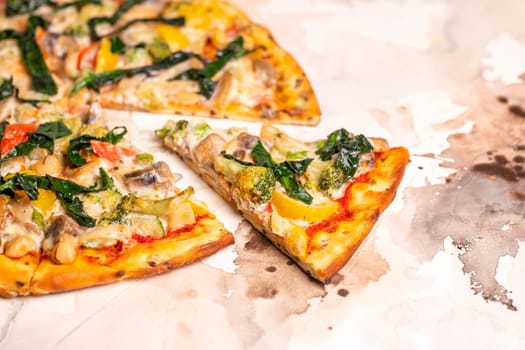 Vegetarian pizza with spinach, mushrooms, peppers, broccoli on white background. Pizza mockup for menu or flyer. Healthy eating.