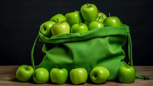 Bag made of natural fabric with green apples. The concept of recycling, saving, no plastic, proper nutrition, healthy lifestyle, diet, veganism, vegetarianism.