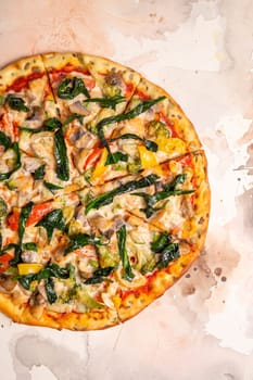 Vegetarian pizza with mushrooms, bell peppers, broccoli, and red onions on white background. Thin crust topped with fresh veggies.