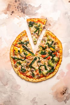 Vegetarian pizza with spinach, mushrooms, peppers, broccoli on white background. Pizza mockup for menu or flyer. Healthy eating.