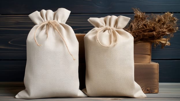 Light Fabric Bags Made of Natural Fabric. Recycling concept, excess consumption, Plastic free, linen fabric, wooden background, reusable, cereal bag, food, supplies, provisions