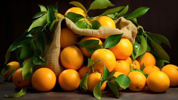 A large number of orange tangerines in a bag made of natural fabric on a plain background. The concept of recycling, saving, no plastic, proper nutrition, healthy lifestyle, diet, veganism, vegetarianism, gardening and farming, fresh fruit
