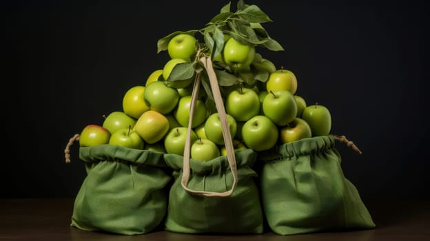 Bag made of natural fabric with green apples. The concept of recycling, saving, no plastic, proper nutrition, healthy lifestyle, diet, veganism, vegetarianism.