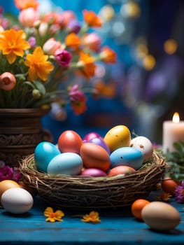 Easter multicolored eggs in nest on dark blue background with flowers