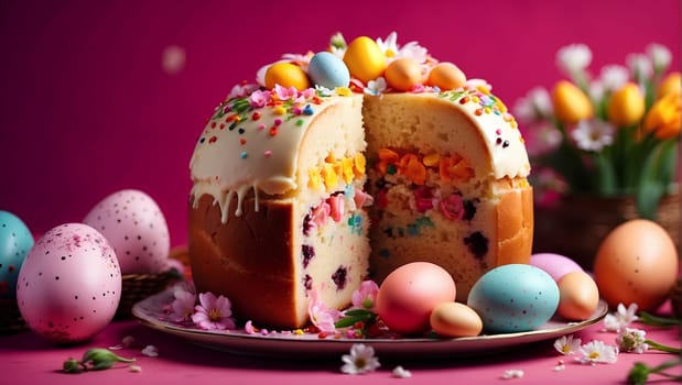Multicolored Easter cake with Easter eggs and flowers on a pink background