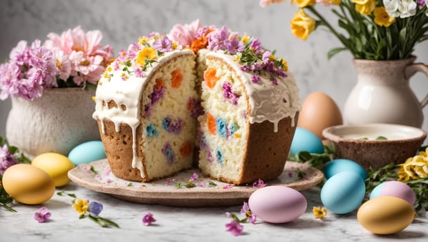 Multicolored Easter cake with Easter eggs and flowers on a light gray background