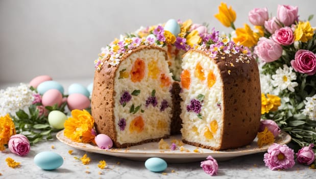 Multicolored Easter cake with Easter eggs and flowers on a light gray background