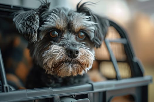 cute dog inside a special plastic gray crate animal. ai generated