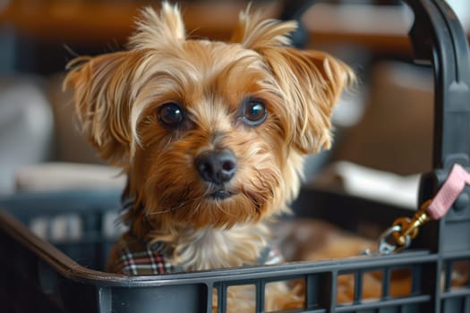 cute dog inside a special plastic gray crate animal. ai generated