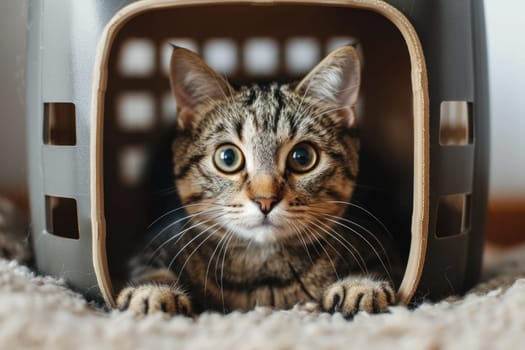 pet relocation or transportation. cute tabby cat sitting in pet carrier box. ai generated