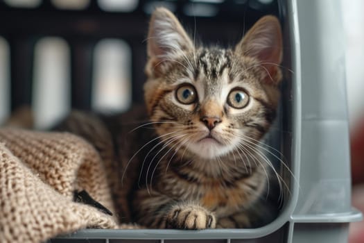 pet relocation or transportation. cute tabby cat sitting in pet carrier box. ai generated