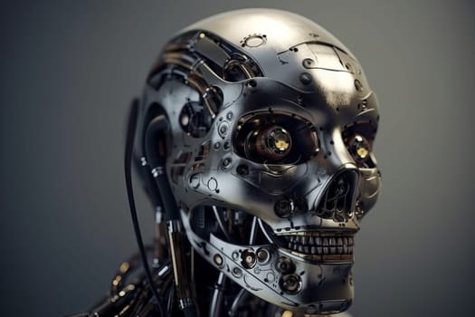 Artificial steel robot head with cyber face. Digital futuristic fiction. Generate Ai