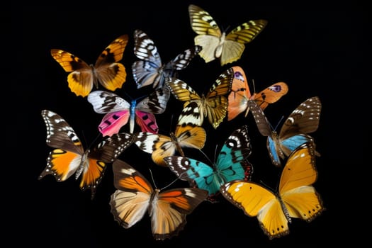 Butterflies on black background. Delicate art. Generate Ai
