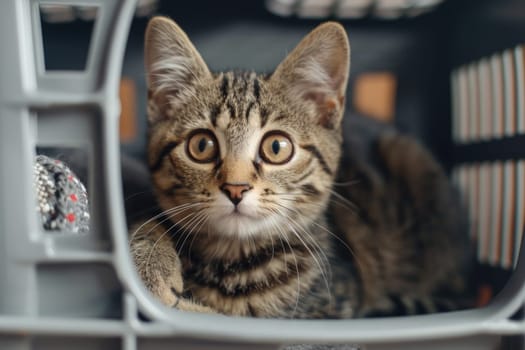 pet relocation or transportation. cute tabby cat sitting in pet carrier box. ai generated