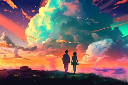 Love couple at colorful night sky. Together artwork. Generate Ai