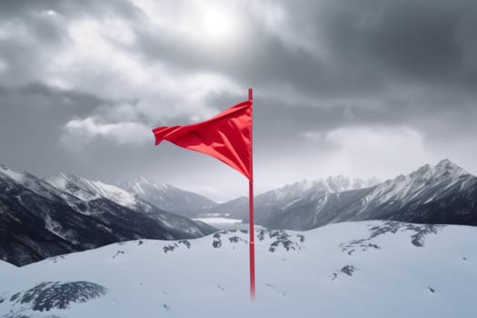 Red flag on snow mountain. Top peak success. Generate Ai