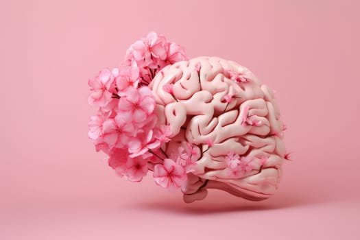Mental health brain on pink background. Flower human health. Generate Ai