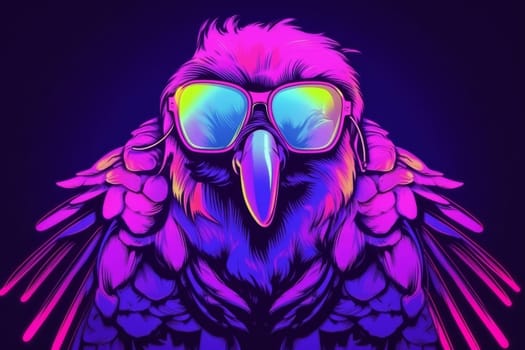 Neon futuristic bird portrait. Cyberpunk art with colorful sunglasses. Generate Ai